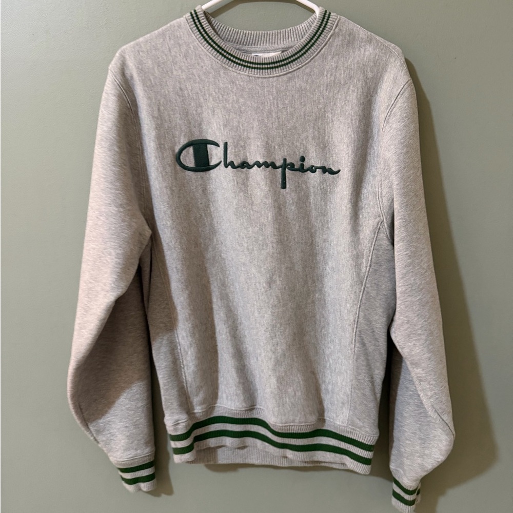 Champion Reverse Weave Gray and Green Crewneck Sweatshirt Size Small Striped